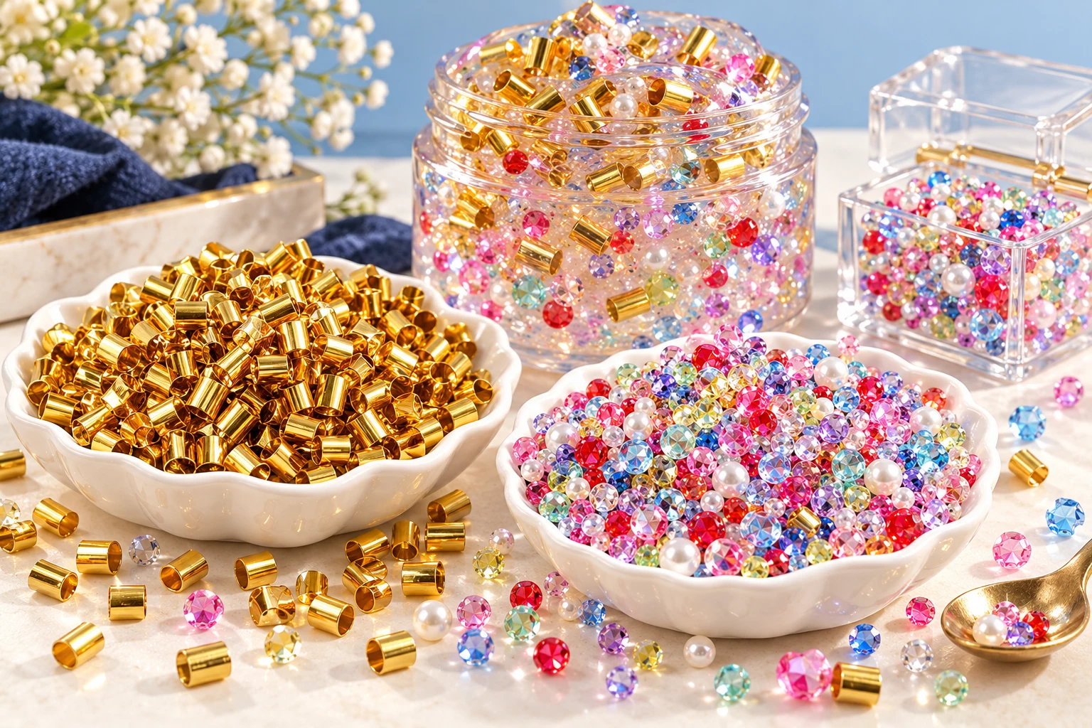 Gold Bingsu straw beads and colorful plastic scatter with slime and dry display concepts