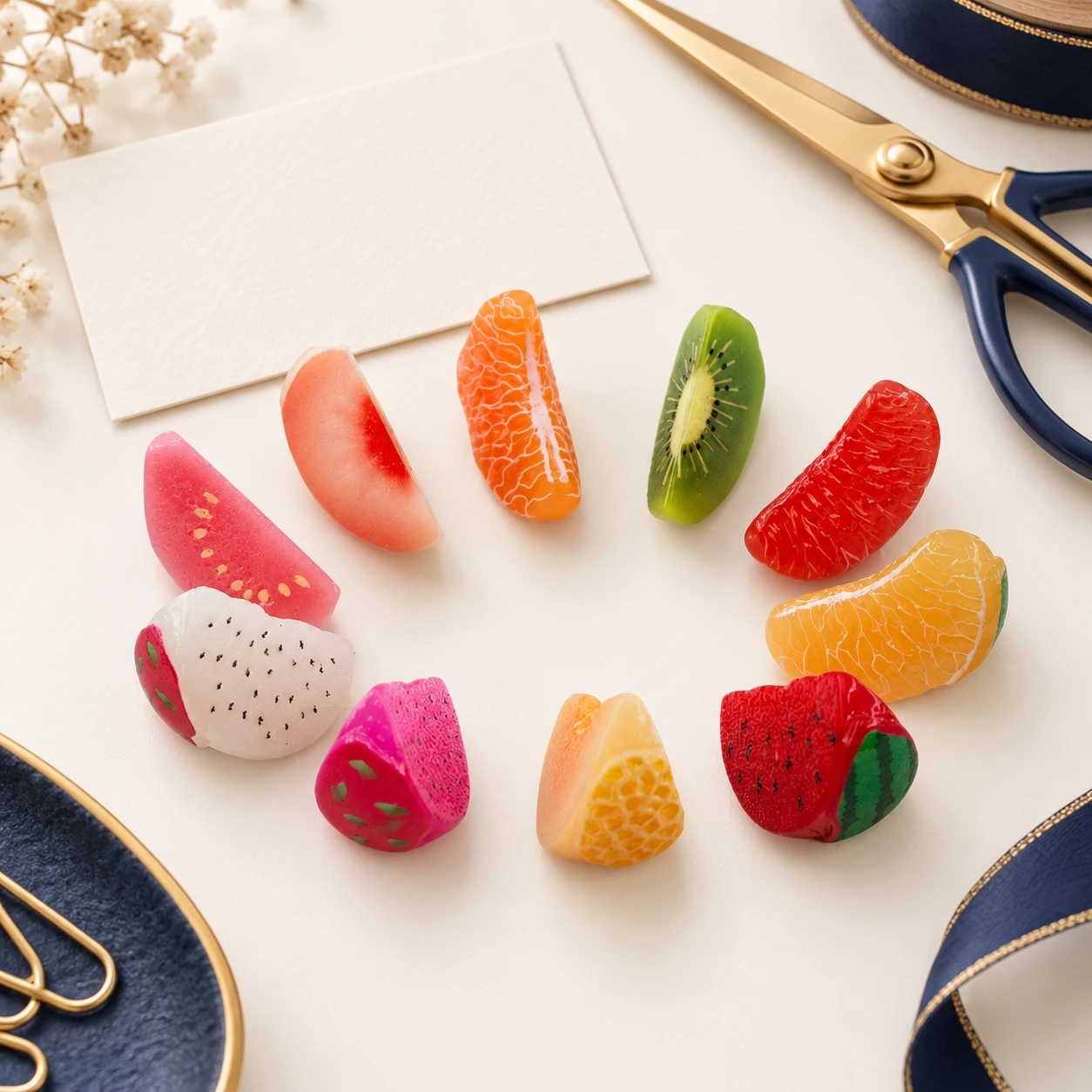 Assorted Fruit Wedge Resin Charms RW0027019 in an illustrative craft workspace