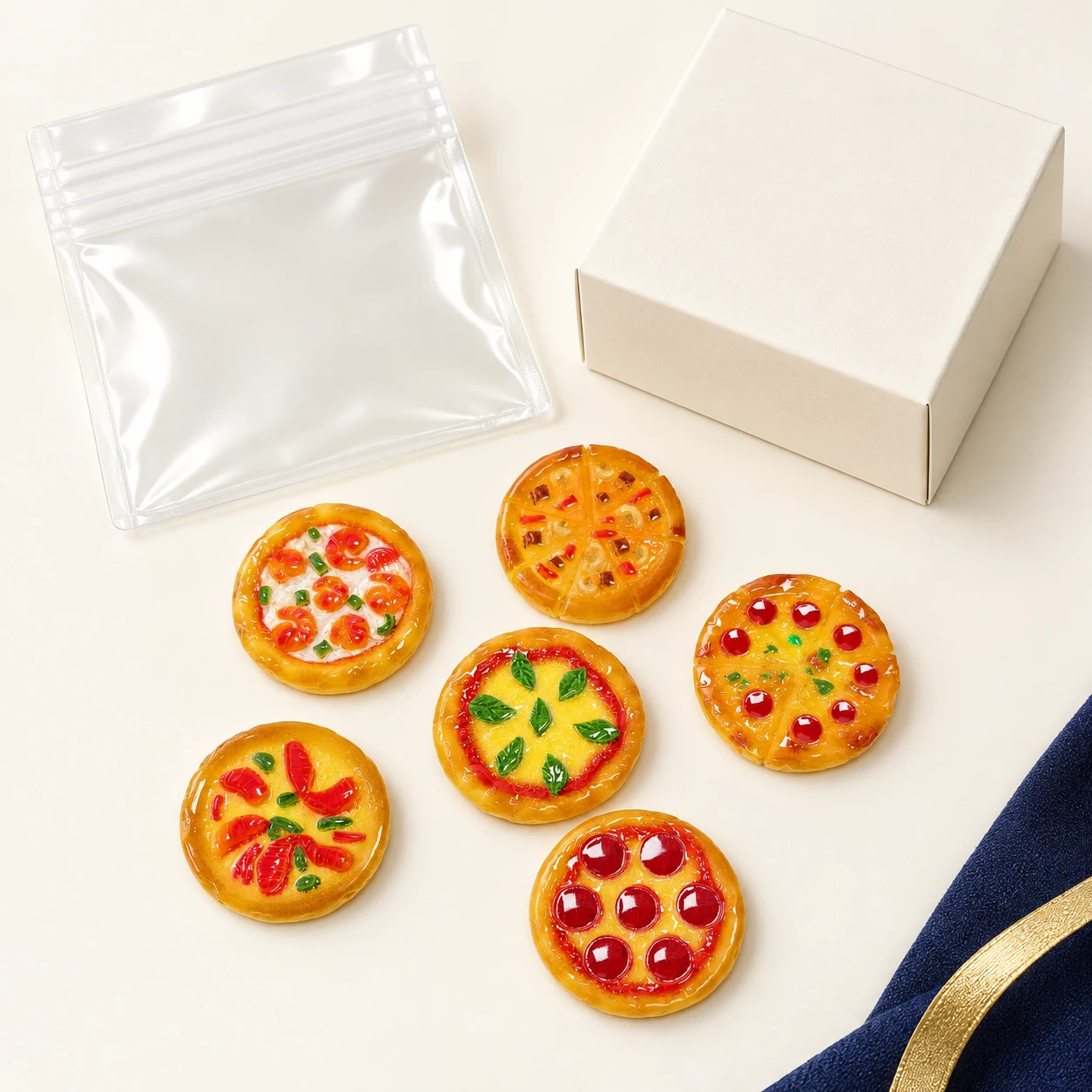 Assorted Pizza Resin Charms RW002493 with illustrative private-label packaging