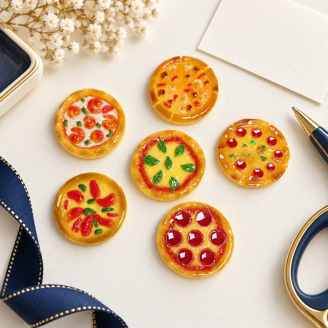 Assorted Pizza Resin Charms RW002493 in an illustrative craft workspace