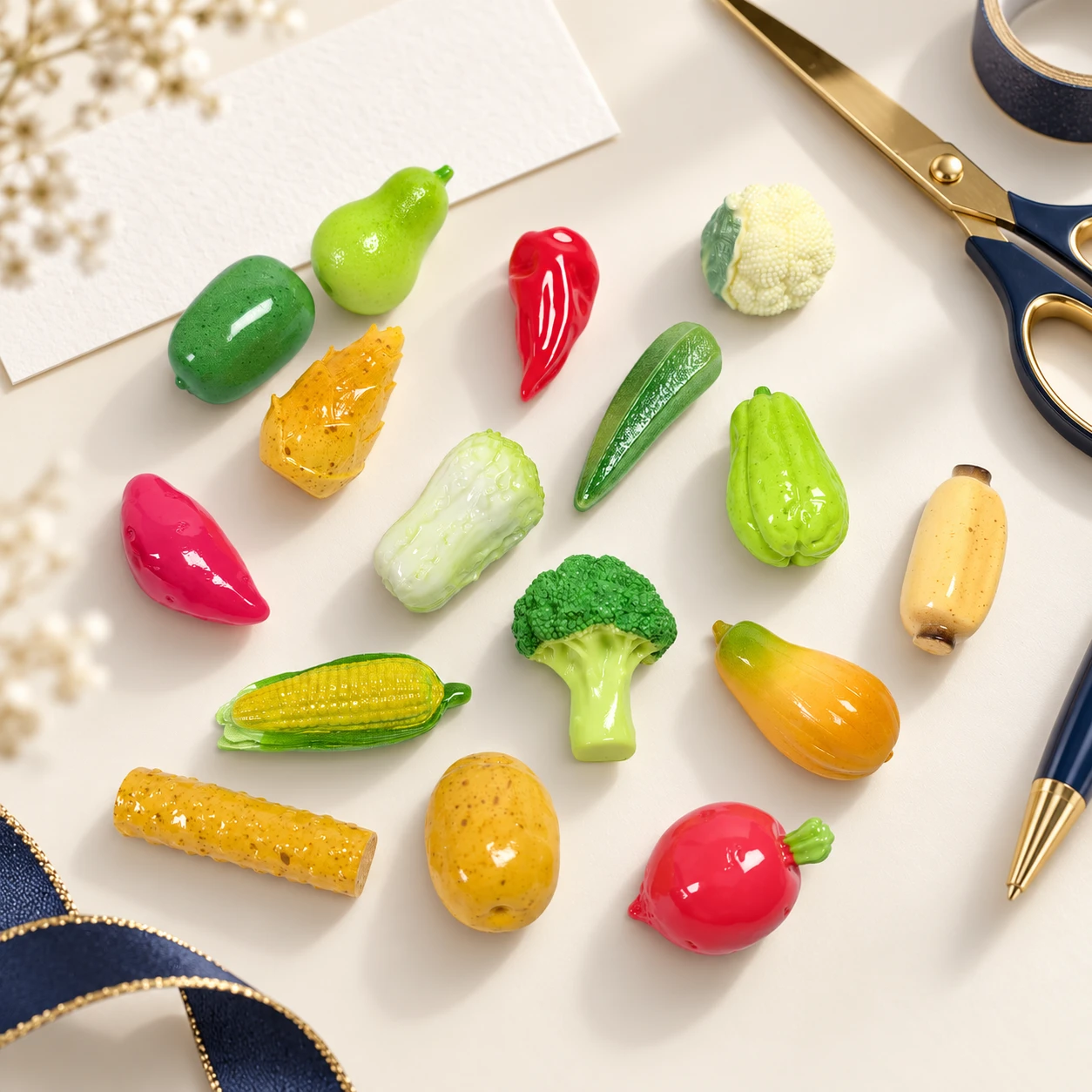 Assorted Vegetable Resin Miniatures RW002226 in an illustrative craft workspace