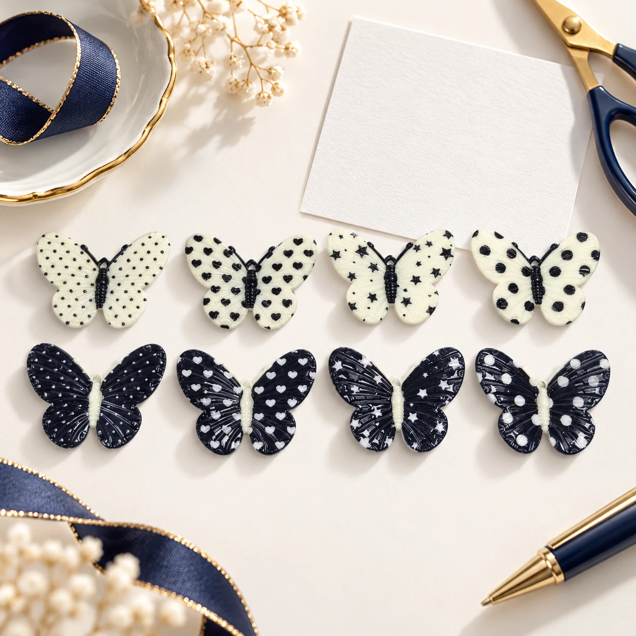 Black and White Spotted Butterfly Resin Charms RW002637 in an illustrative craft workspace