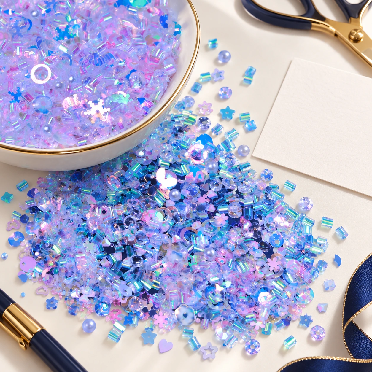 Blue Purple Iridescent Sequin Mix MA157 in an illustrative craft workspace
