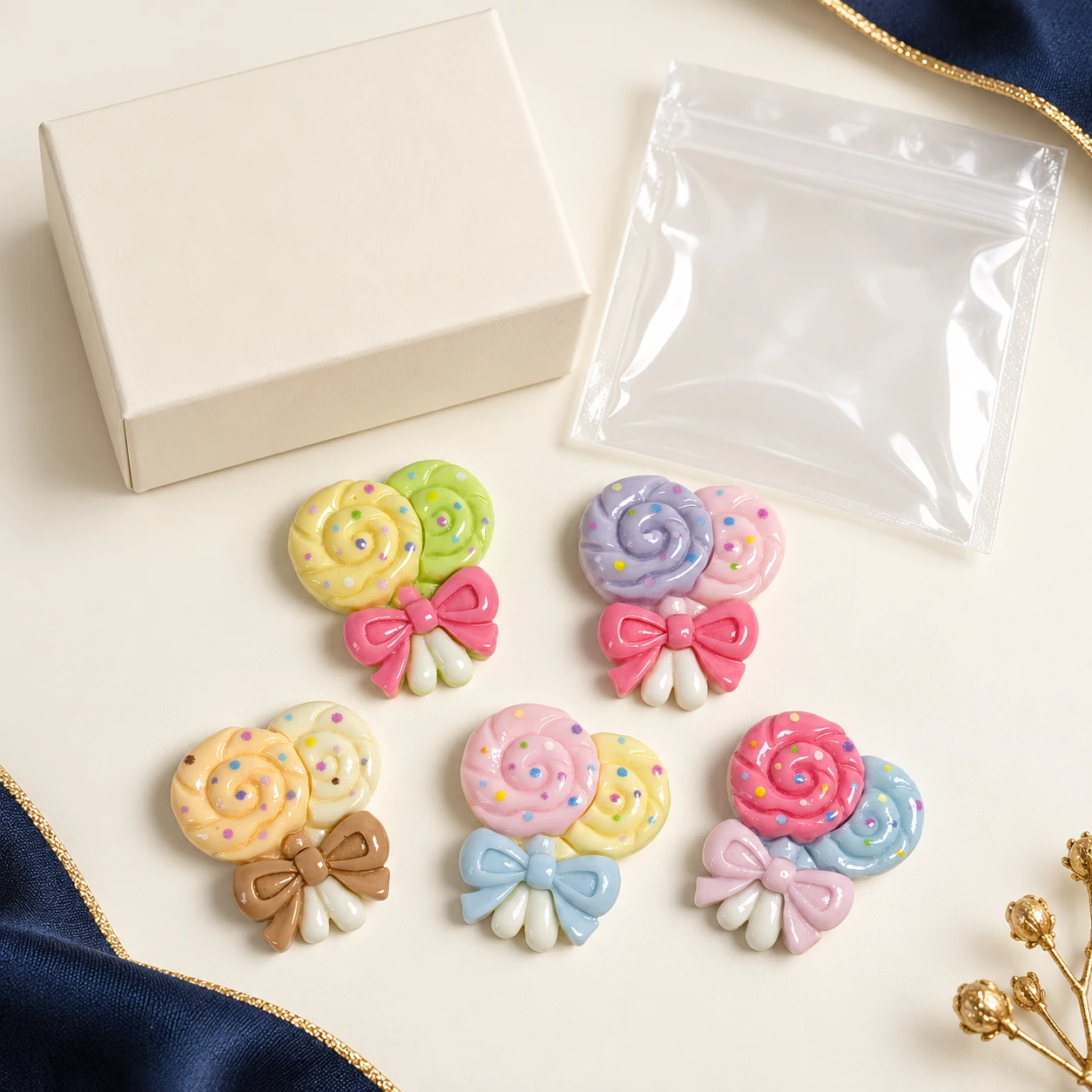 Bow Lollipop Resin Charms RW003564 with illustrative private-label packaging