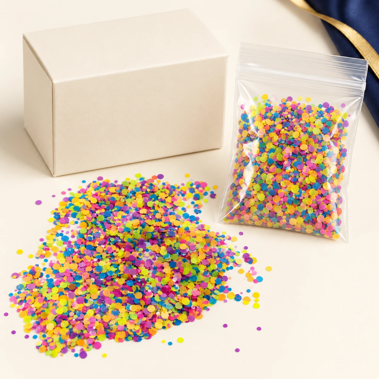 Bright Multicolor Round Confetti MA261 with illustrative private-label packaging