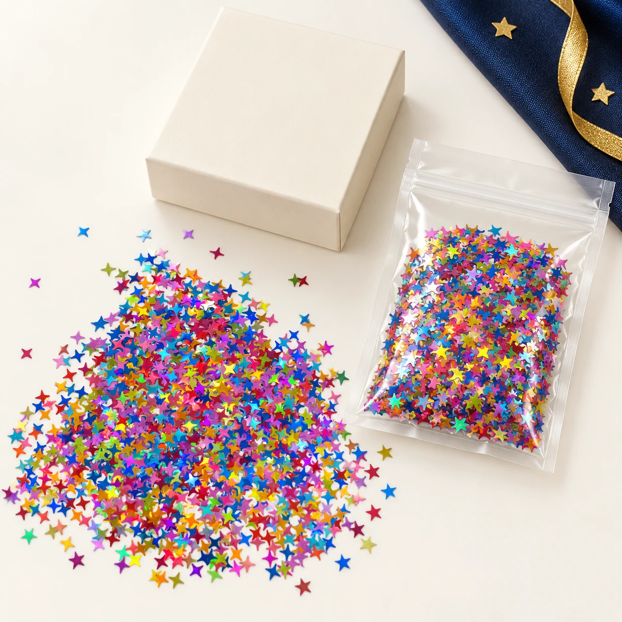 Bright Multicolor Star Confetti MA301 with illustrative private-label packaging