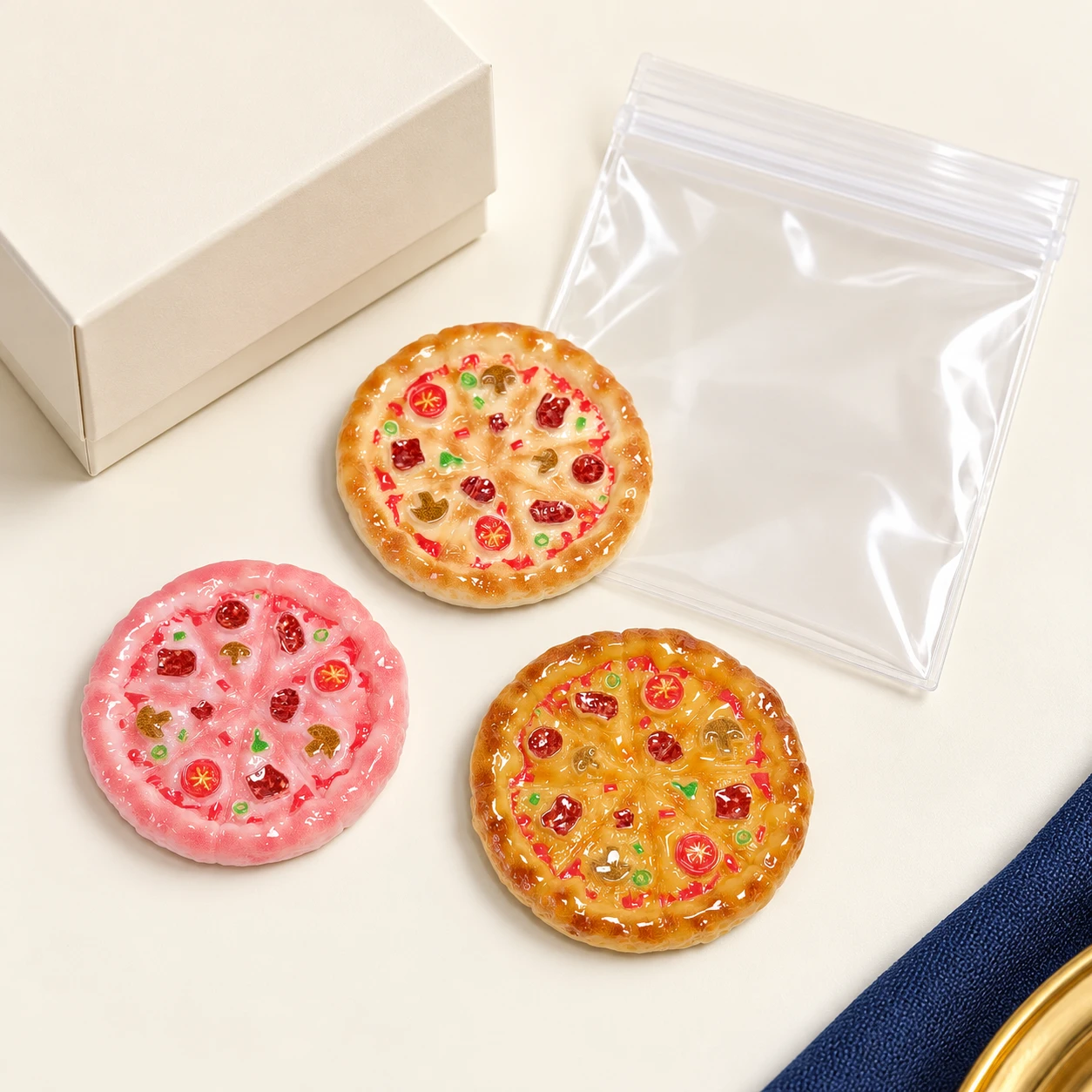 Cheese Pizza Resin Charms RW002661 with illustrative private-label packaging