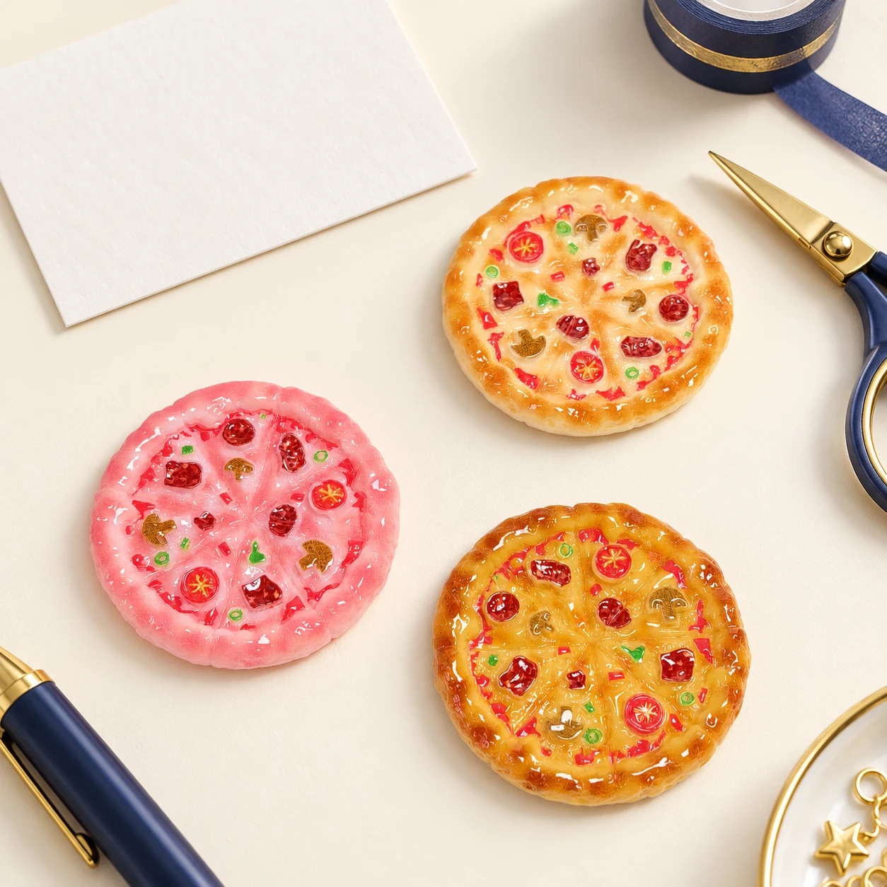 Cheese Pizza Resin Charms RW002661 in an illustrative craft workspace