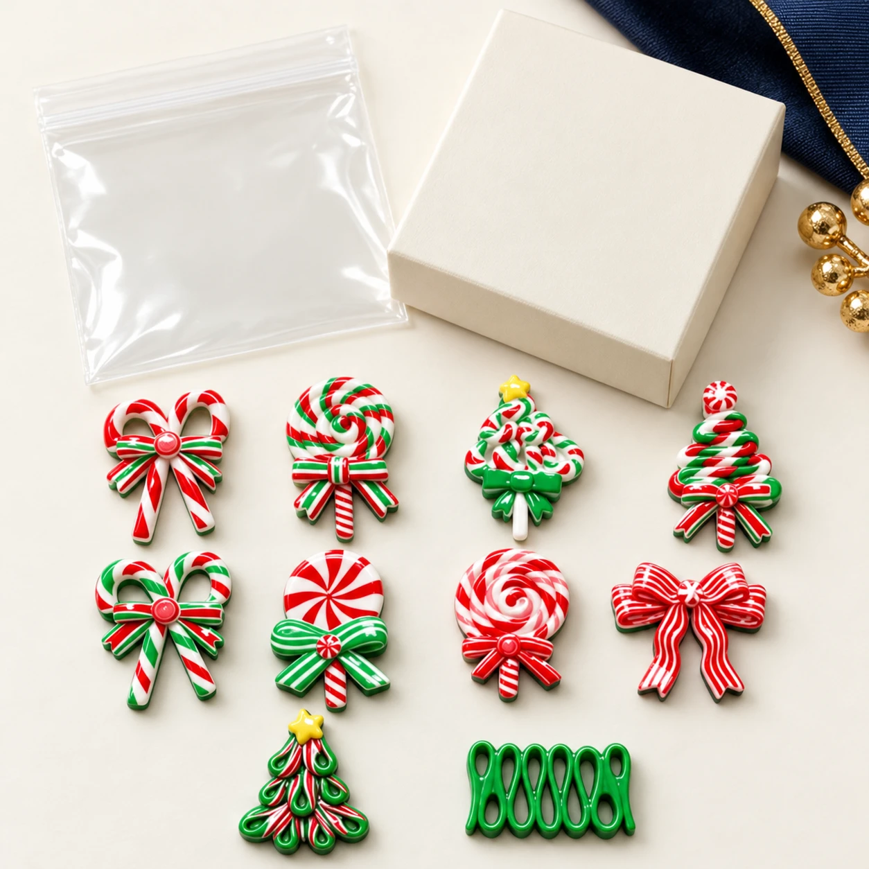 Christmas Candy and Tree Resin Charms RW0020557 with illustrative private-label packaging
