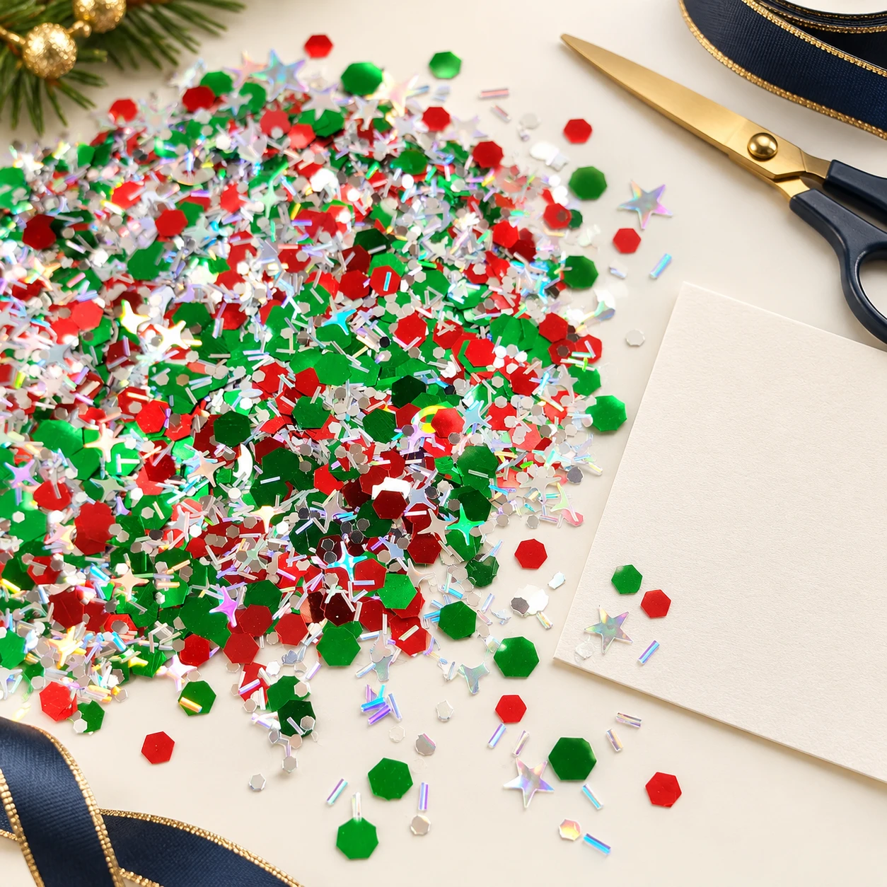 Christmas Red Green White Sequin Mix MA246 in an illustrative craft workspace