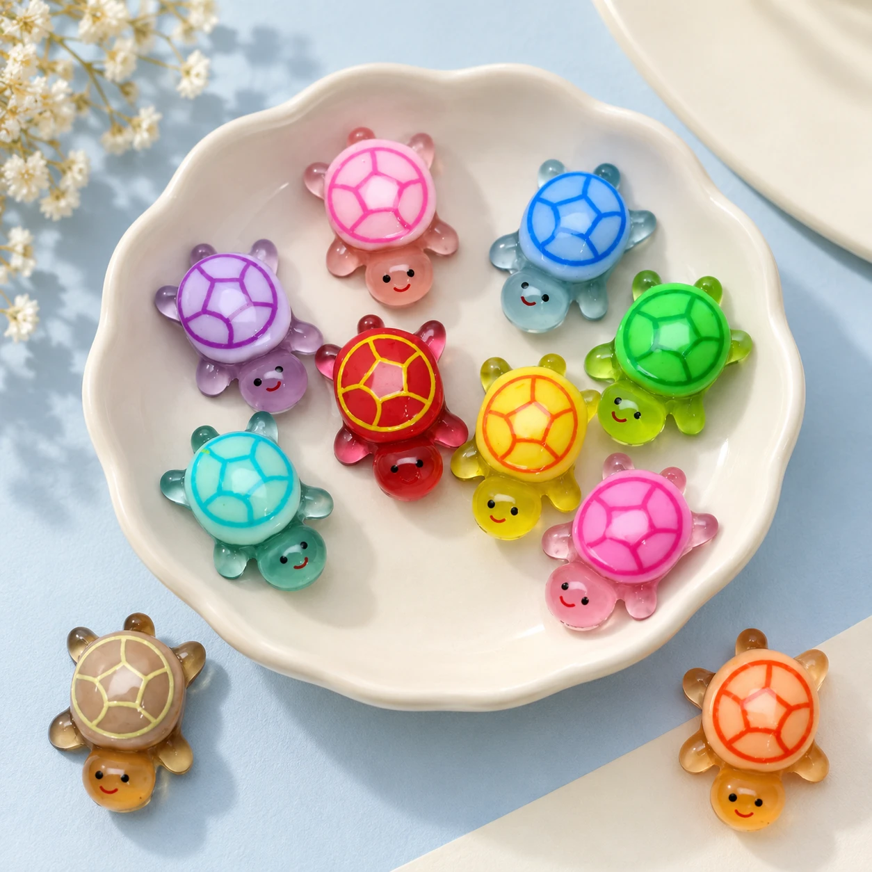 Colored Shell Turtle Resin Charms RW26057-1 displayed for assortment selection