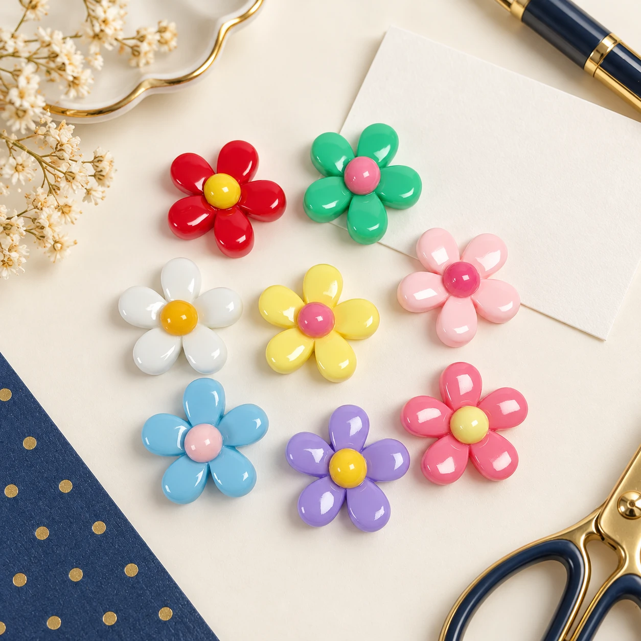 Colorful Five-Petal Flower Resin Charms RW002225 / RW26715 in an illustrative craft workspace