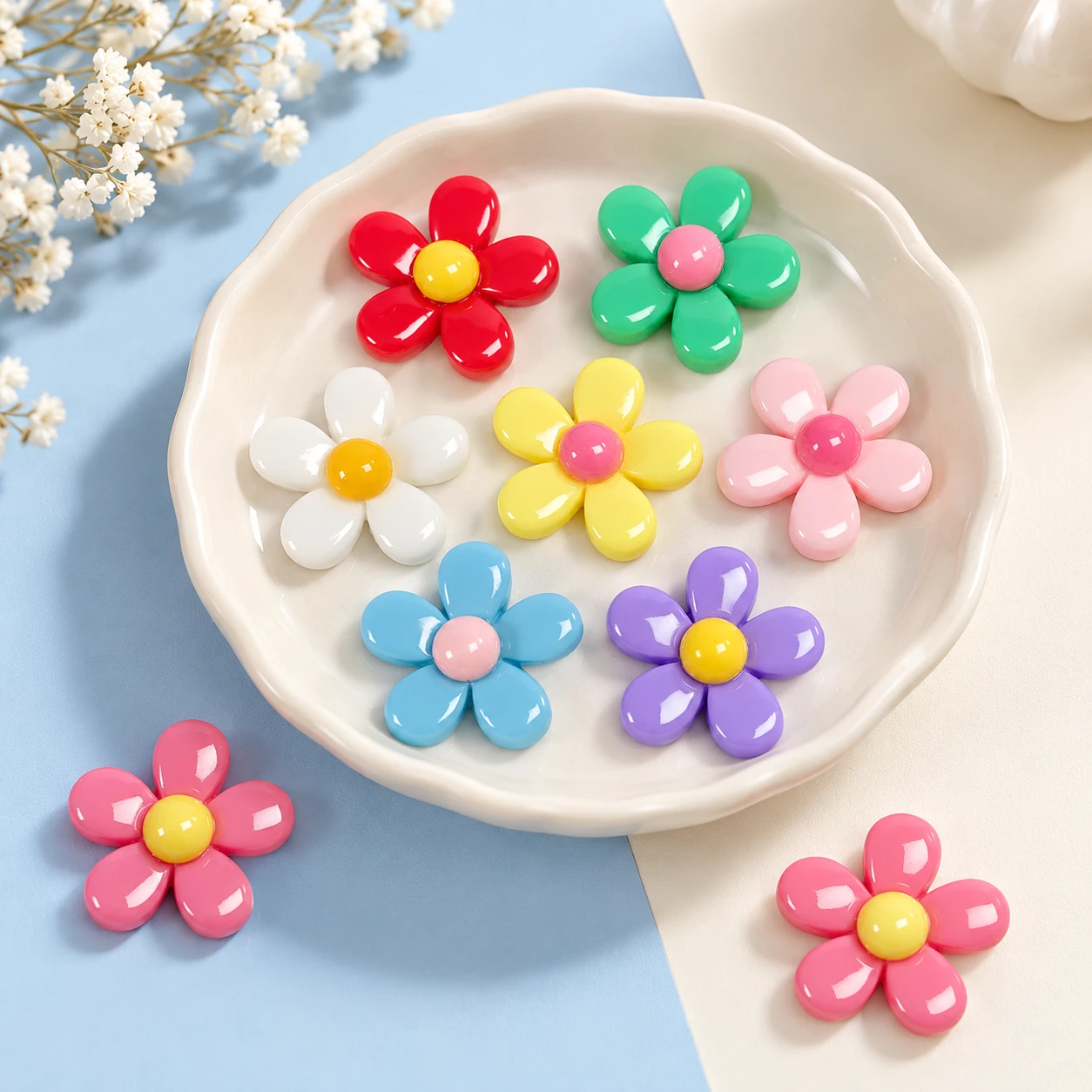 Colorful Five-Petal Flower Resin Charms RW002225 / RW26715 displayed for assortment selection