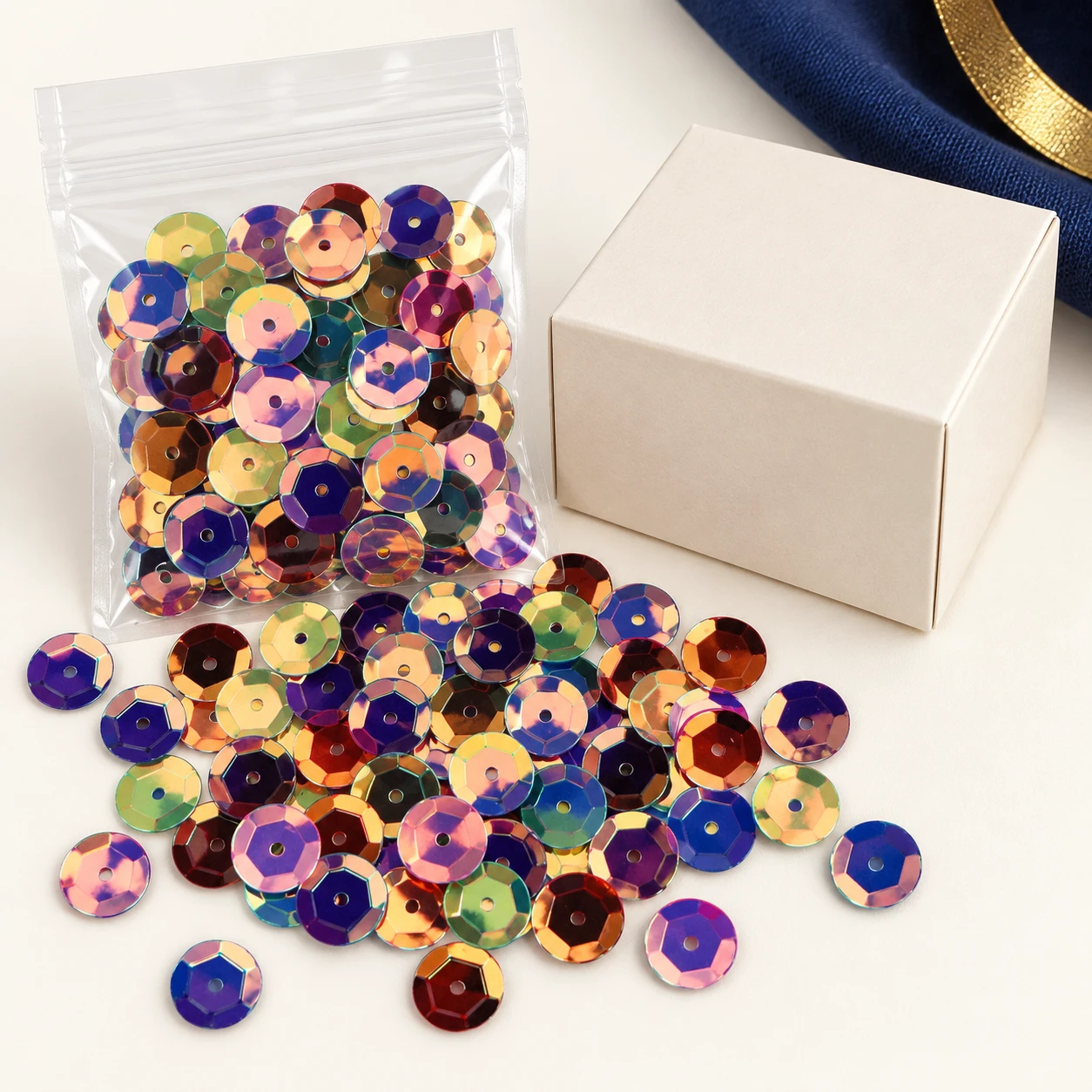 Cupped Round Metallic Sequins MA016 with illustrative private-label packaging