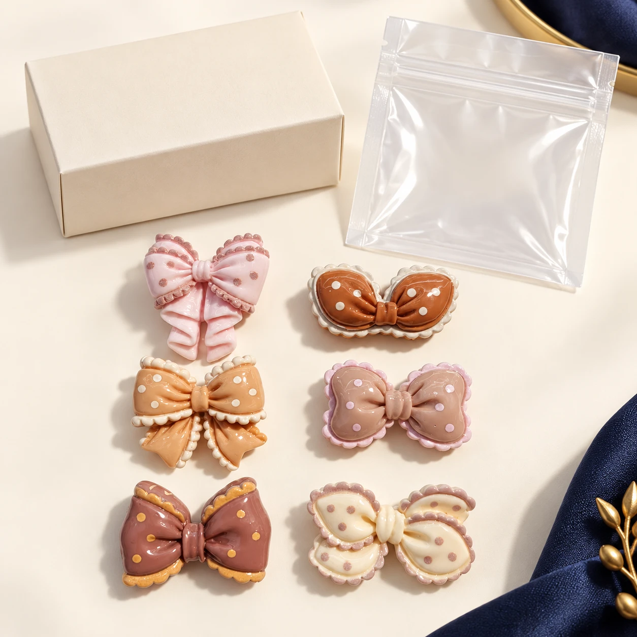 Decorative Bow Resin Cabochons RW003332 with illustrative private-label packaging