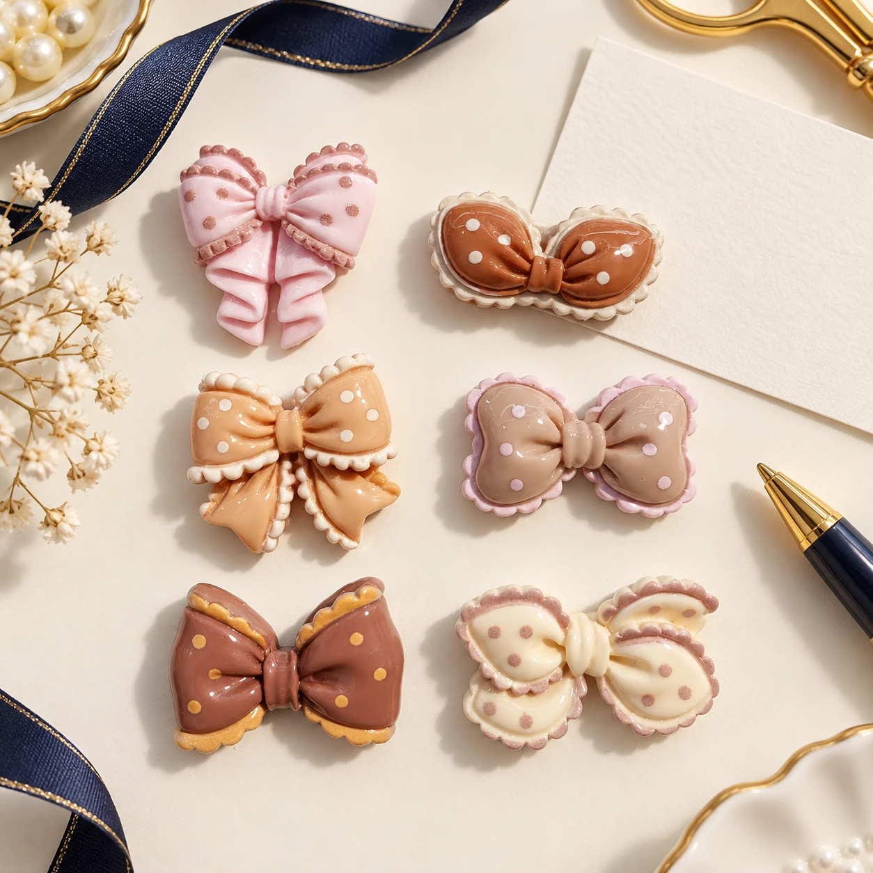 Decorative Bow Resin Cabochons RW003332 in an illustrative craft workspace