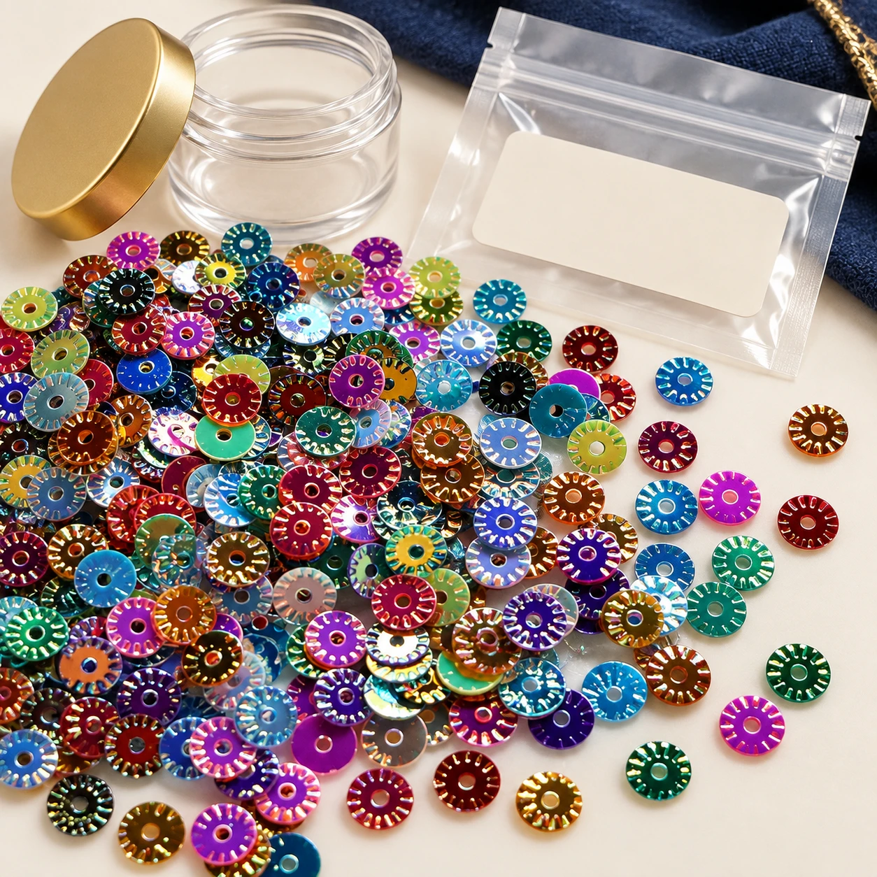 Embossed Round Metallic Sequins MA005 with illustrative private-label packaging