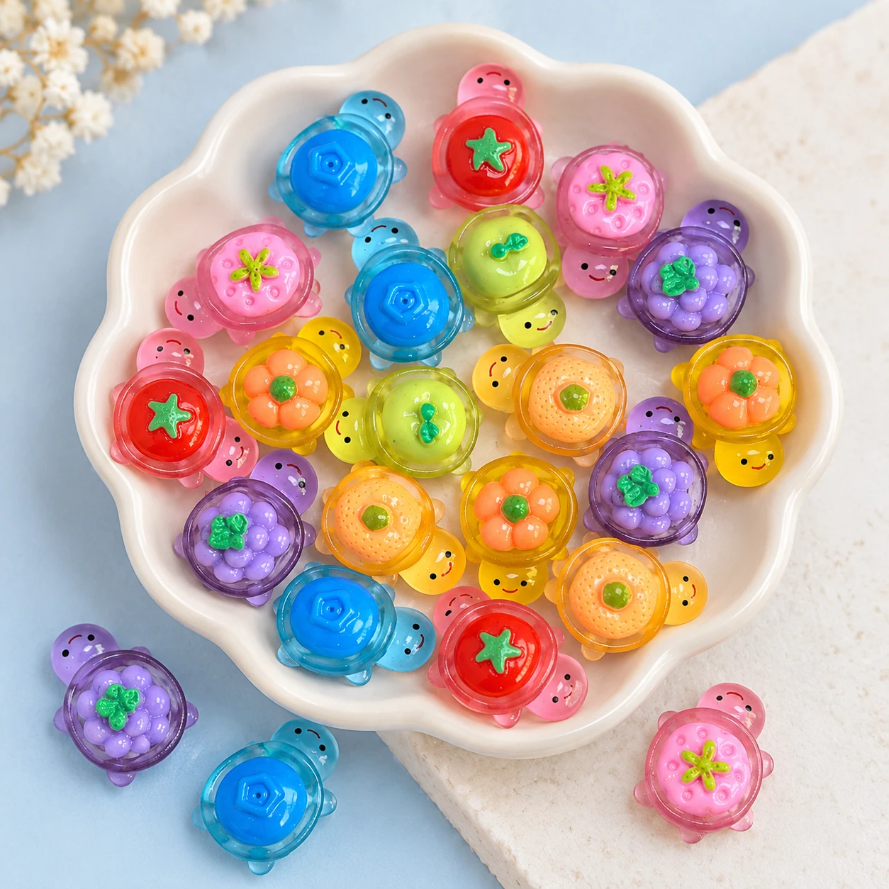 Flower Shell Turtle Resin Charms RW002868 displayed for assortment selection