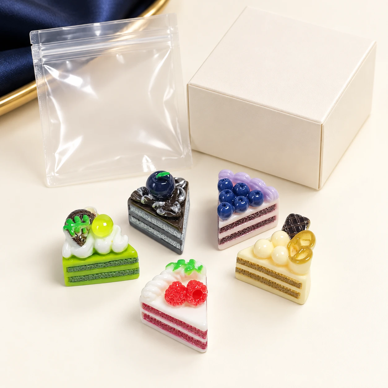 Fruit Layer Cake Resin Charms RW002658 with illustrative private-label packaging