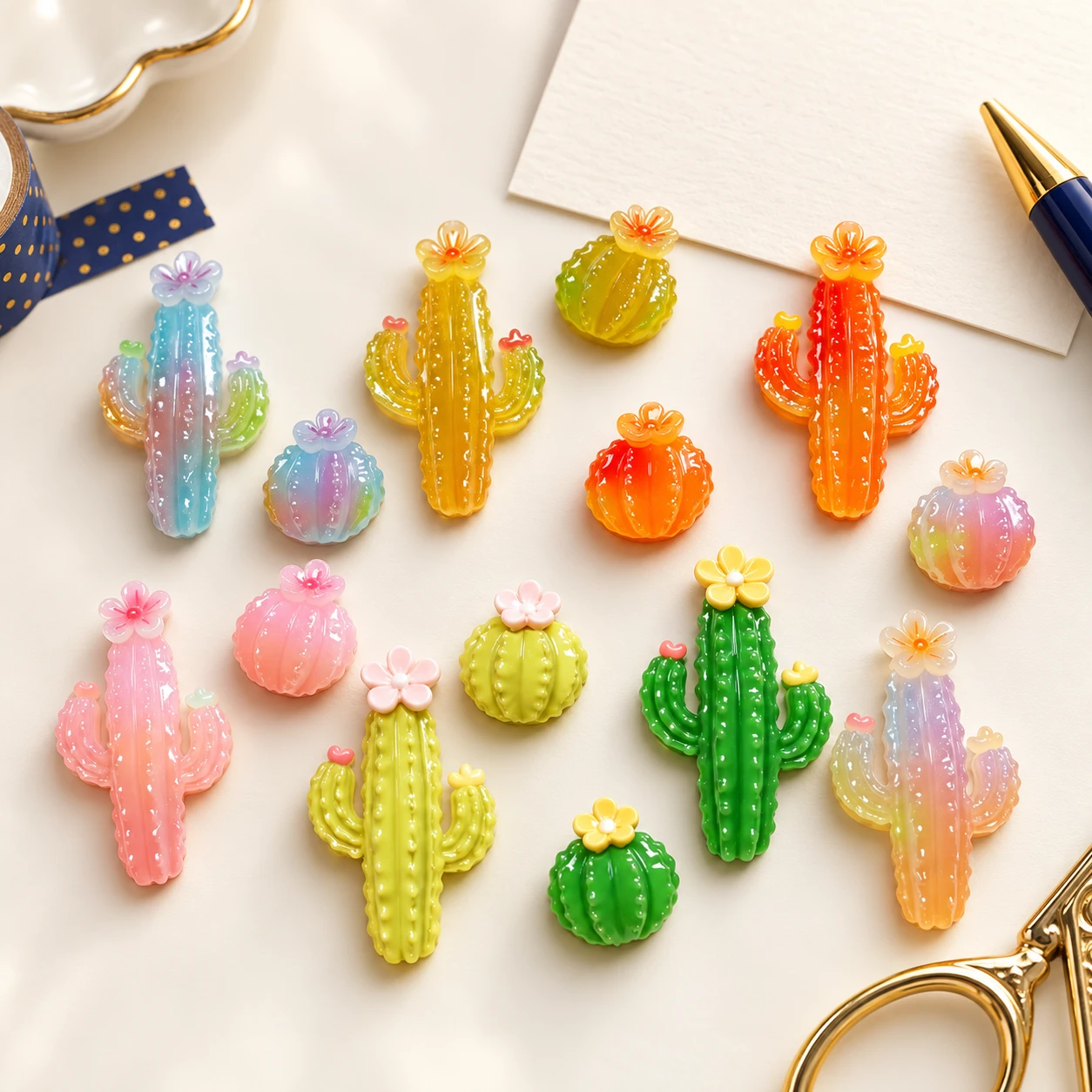 Glitter Cactus Resin Charms RW0024009 in an illustrative craft workspace