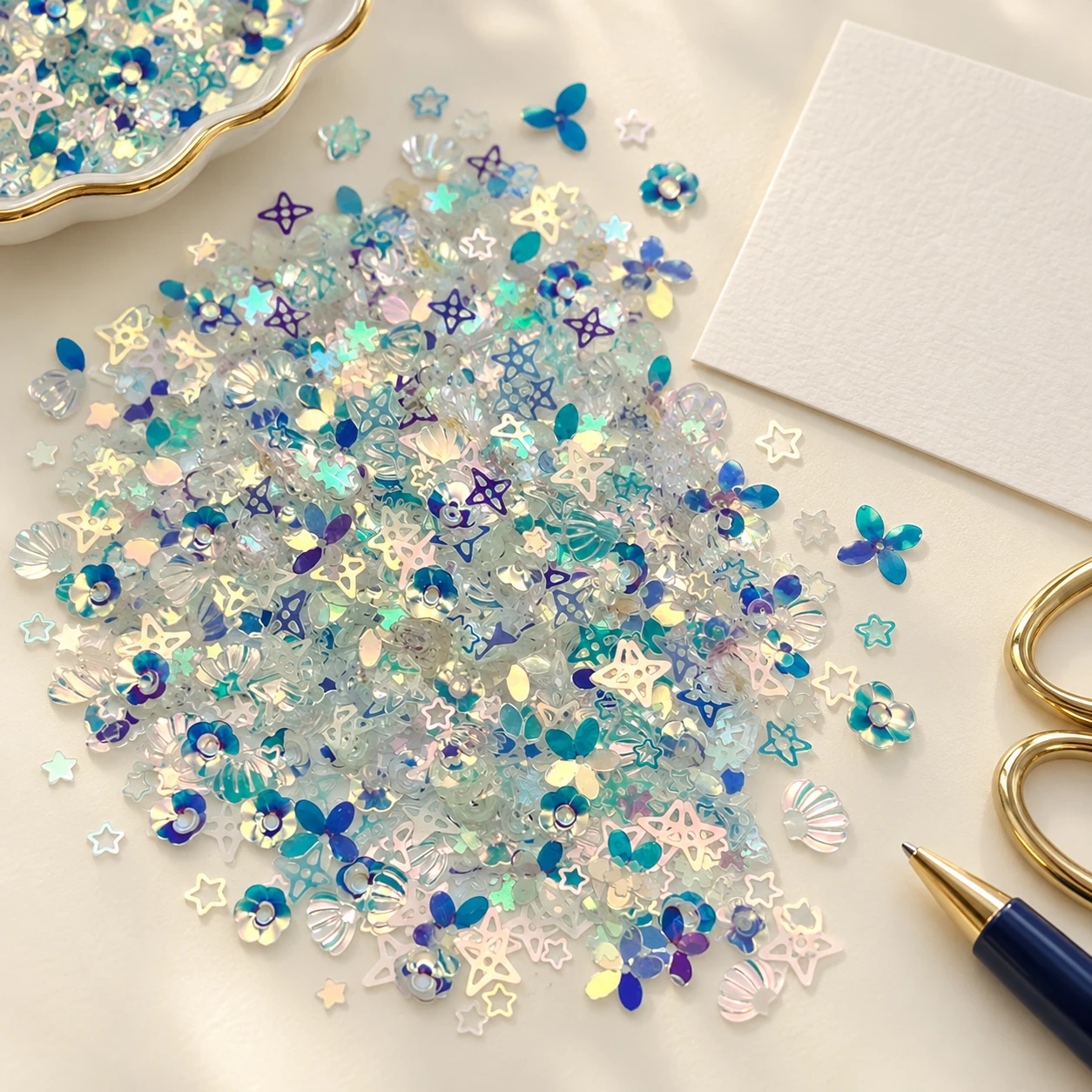 Gold Teal Iridescent Glitter Mix MA172 in an illustrative craft workspace
