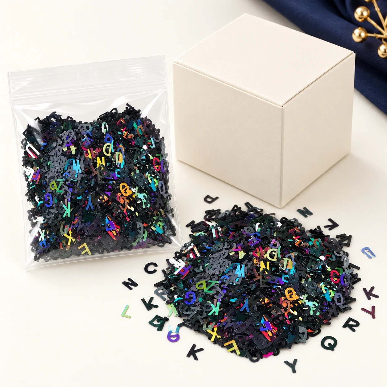 Holographic Alphabet Confetti MA305 with illustrative private-label packaging