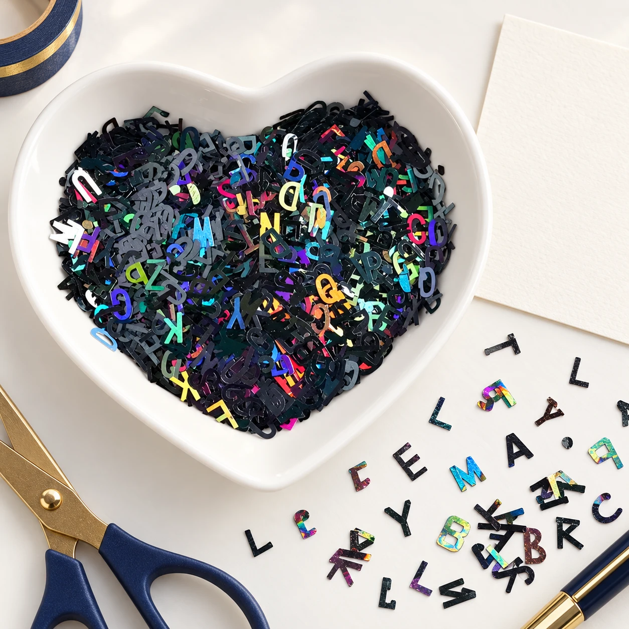 Holographic Alphabet Confetti MA305 in an illustrative craft workspace