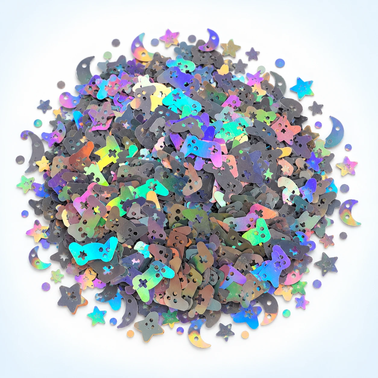 Holographic Star and Moon Sequin Mix MA293 on a clean light studio background