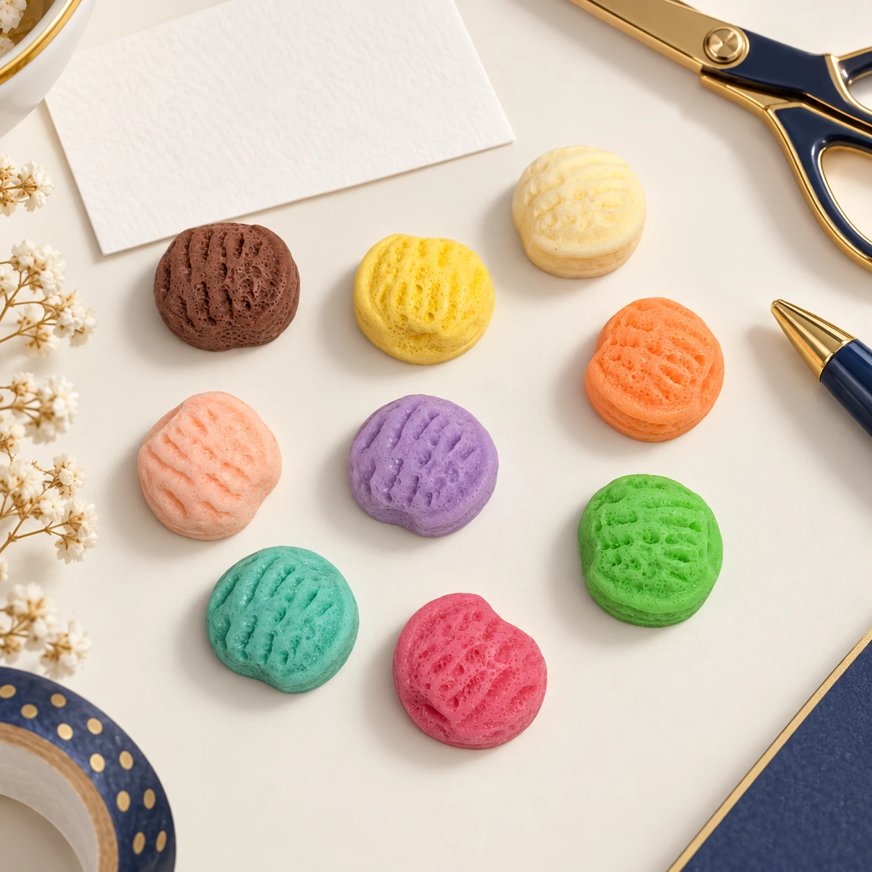 Ice Cream Scoop Resin Cabochons RW004078 in an illustrative craft workspace