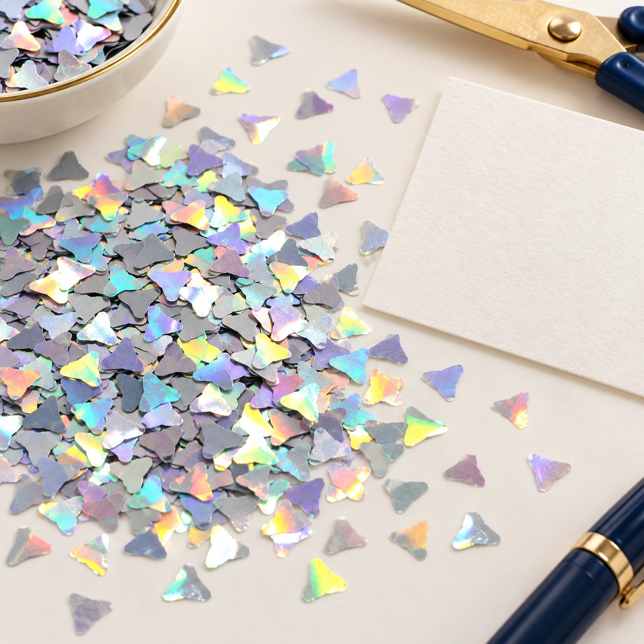 Iridescent Diamond Confetti Sequins MA110 in an illustrative craft workspace