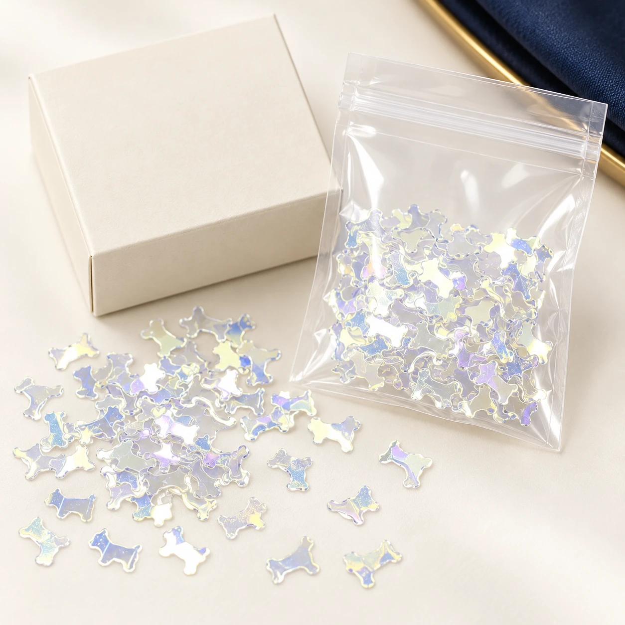 Iridescent Dog Silhouette Sequins MA080 with illustrative private-label packaging