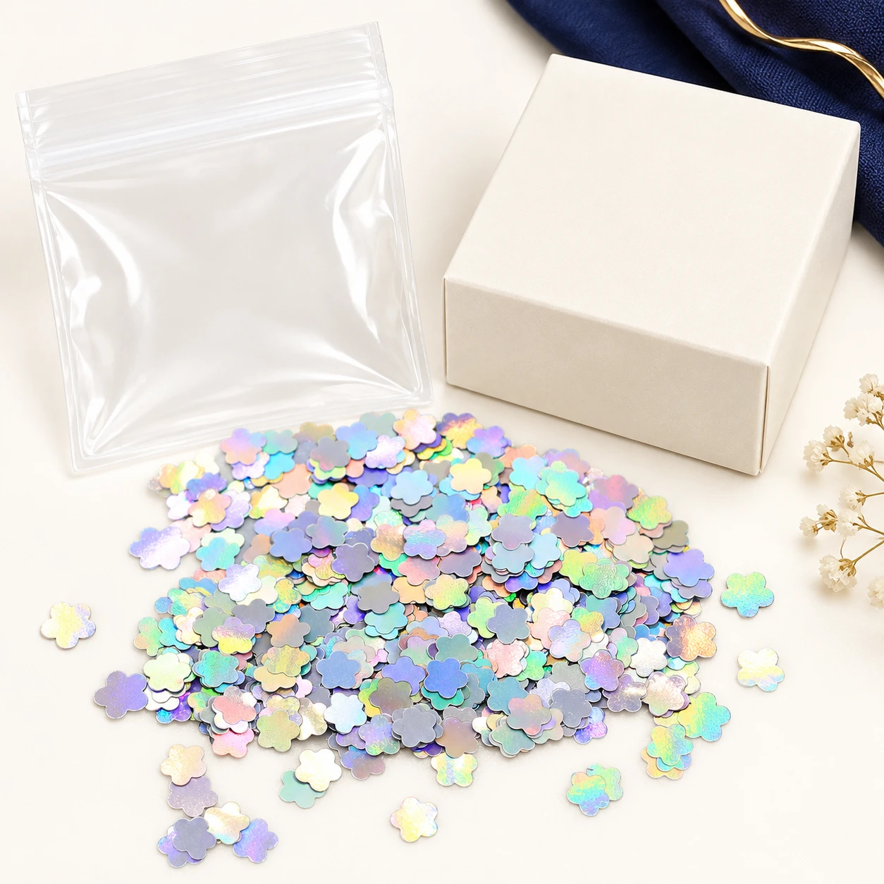 Iridescent Five-Petal Flower Sequins MA070 with illustrative private-label packaging