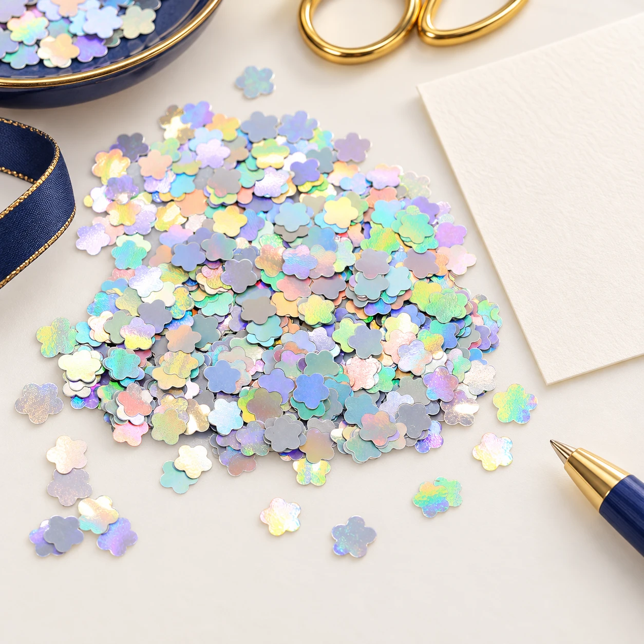 Iridescent Five-Petal Flower Sequins MA070 in an illustrative craft workspace