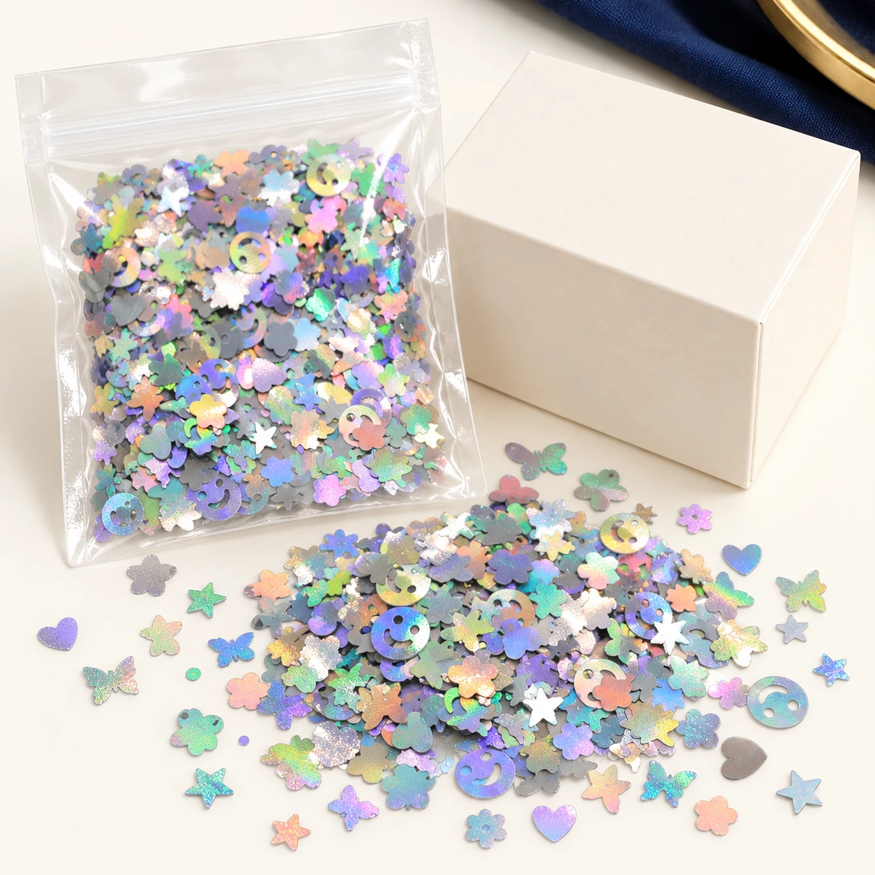 Iridescent Mixed Shape Sequins MA085 with illustrative private-label packaging