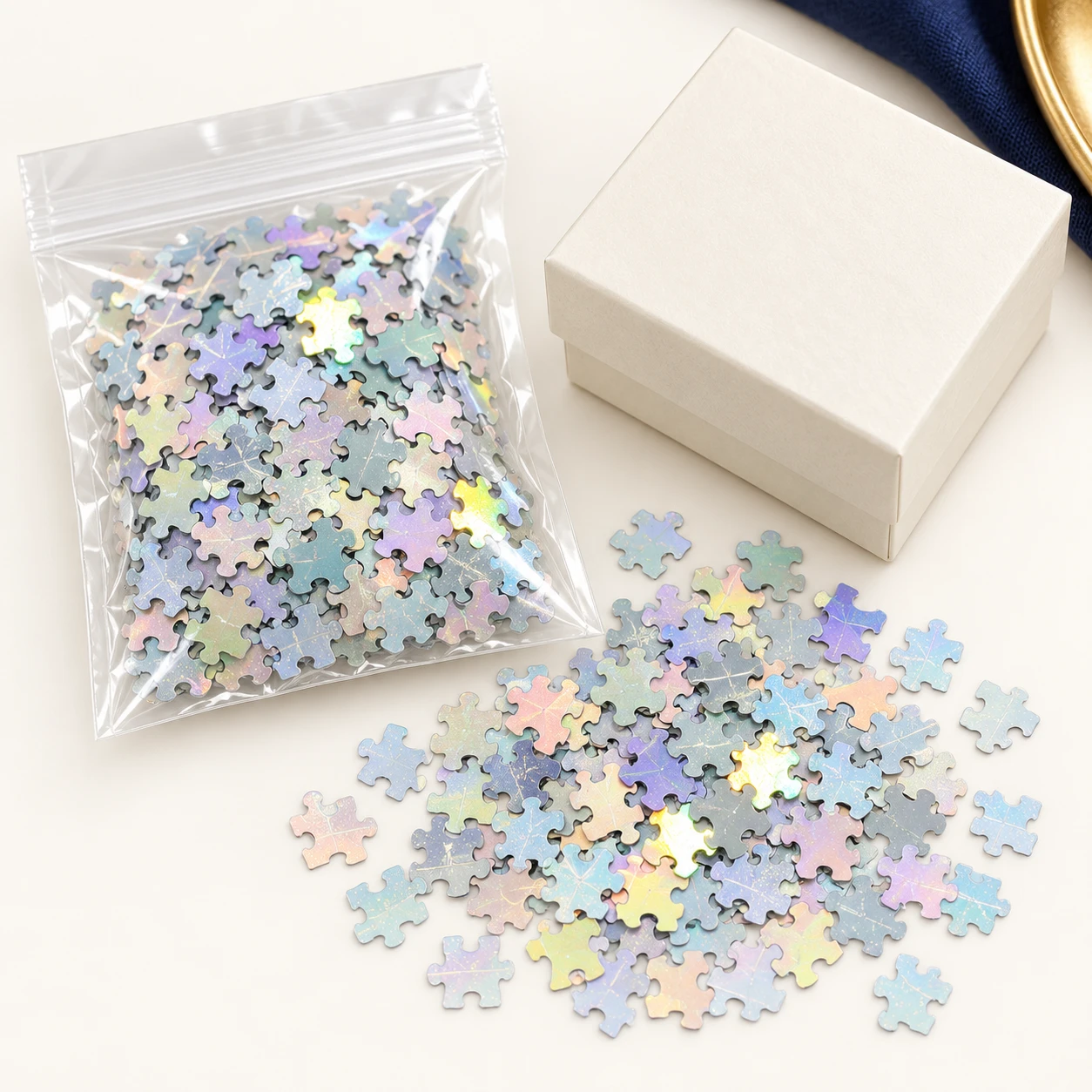 Iridescent Puzzle Piece Sequins MA098 with illustrative private-label packaging