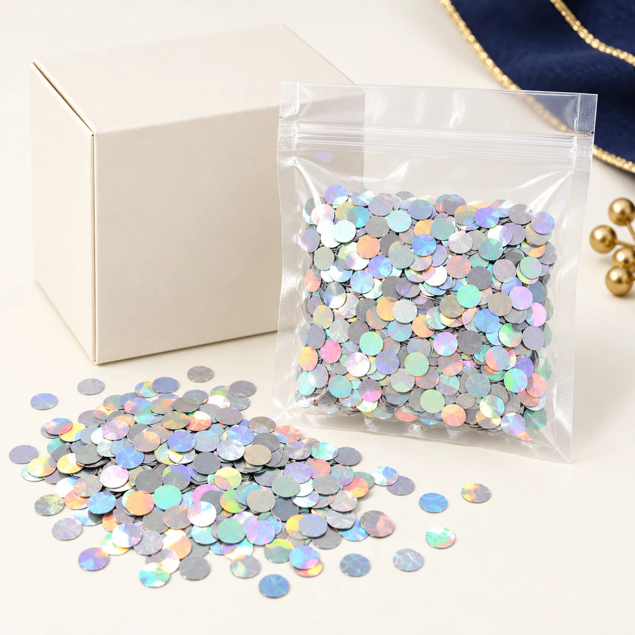 Iridescent Round Disc Sequins MA111 with illustrative private-label packaging