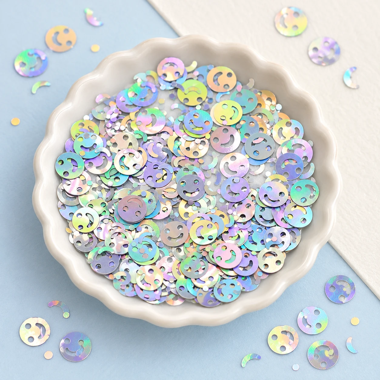 Iridescent Smiley Face Sequins MA069 displayed for assortment selection