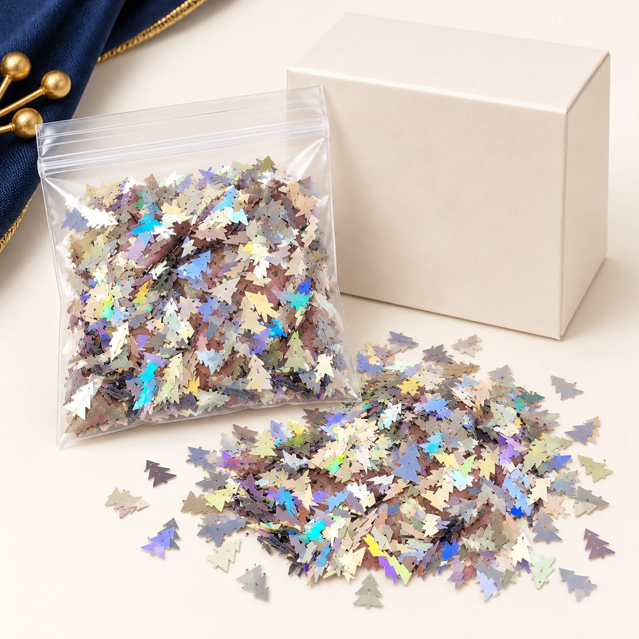 Iridescent Tree Silhouette Sequins MA187 with illustrative private-label packaging