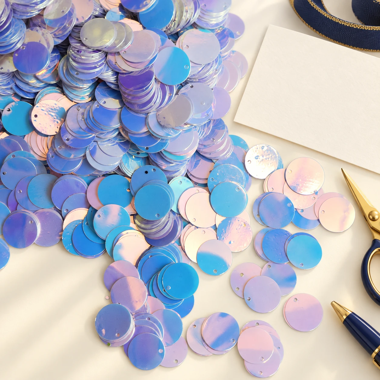 Large Iridescent Round Sequins MA021 in an illustrative craft workspace