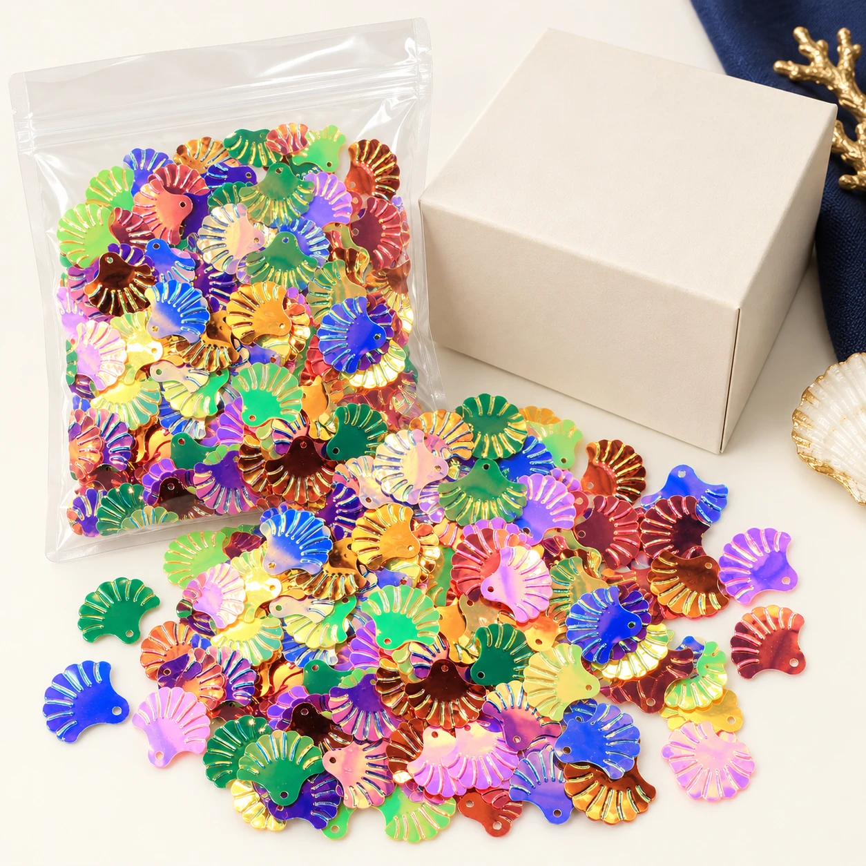 Large Metallic Fan Shell Sequins MA062 with illustrative private-label packaging