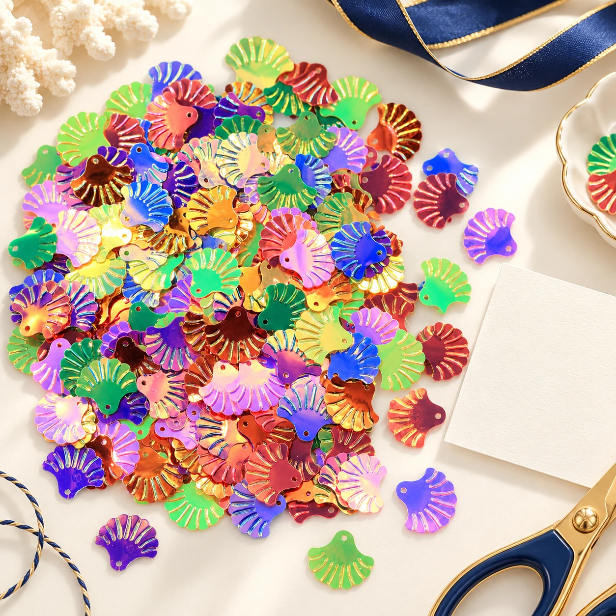Large Metallic Fan Shell Sequins MA062 in an illustrative craft workspace