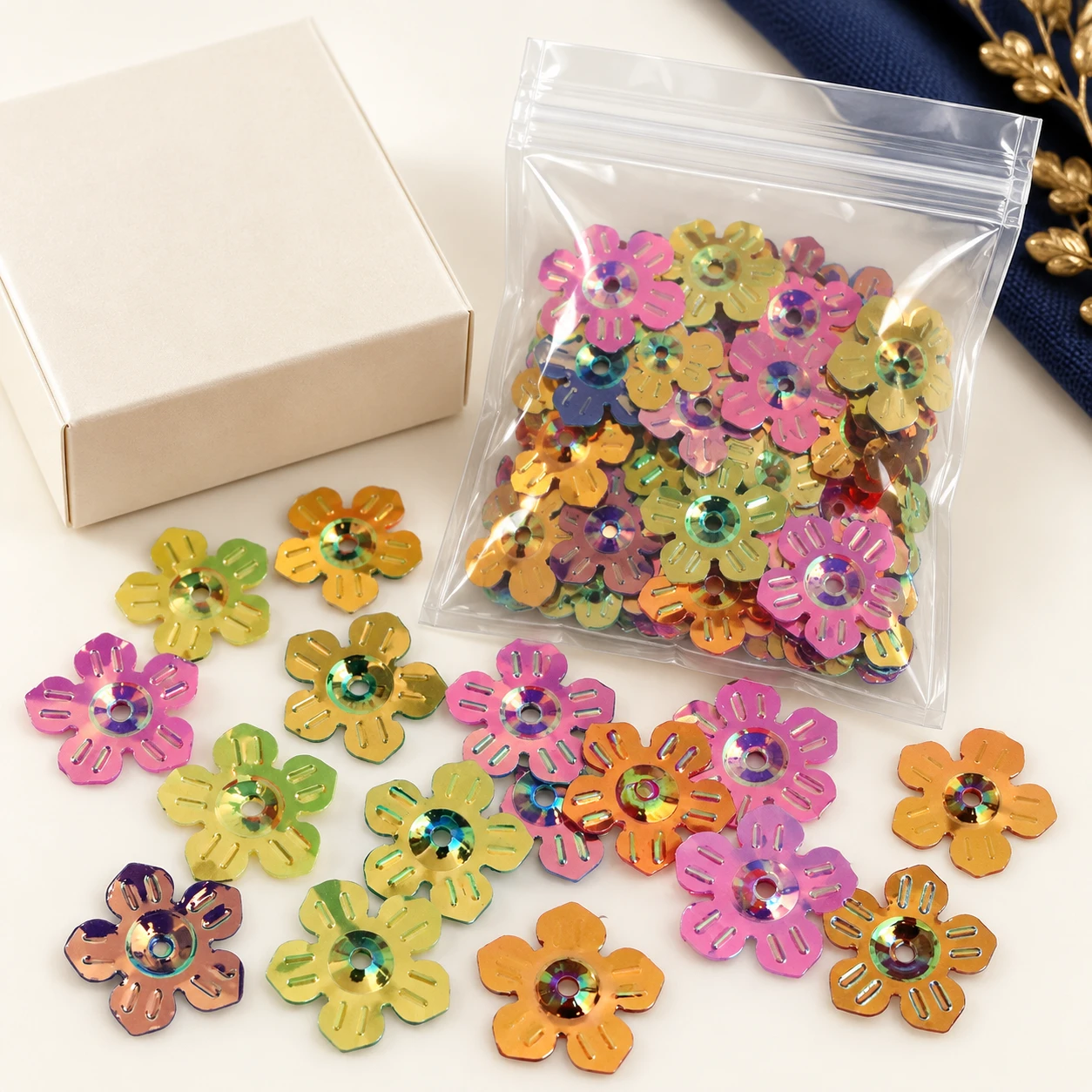 Large Metallic Flower Sequins MA015 with illustrative private-label packaging