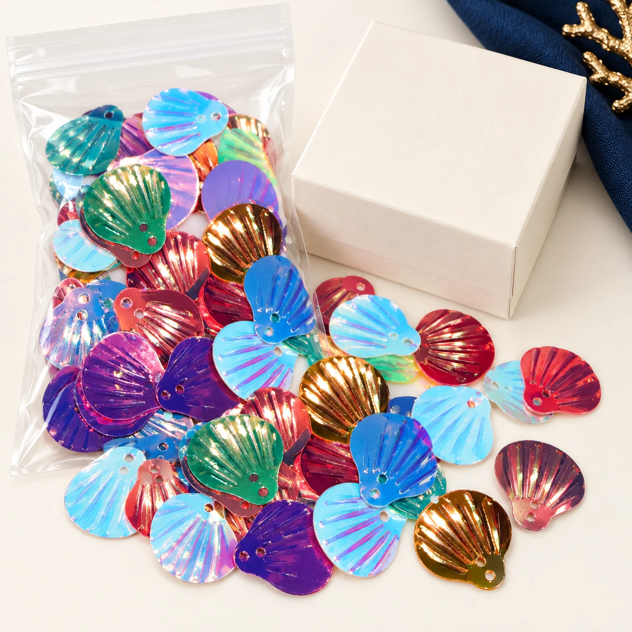 Large Metallic Scallop Shell Sequins MA001 with illustrative private-label packaging
