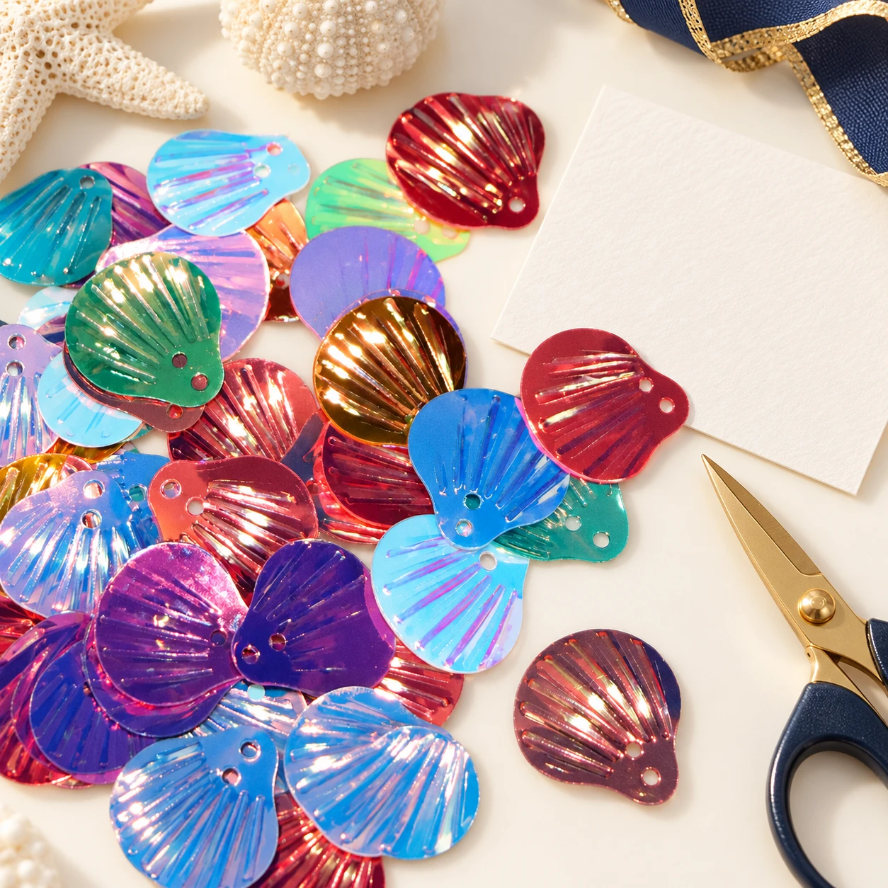 Large Metallic Scallop Shell Sequins MA001 in an illustrative craft workspace