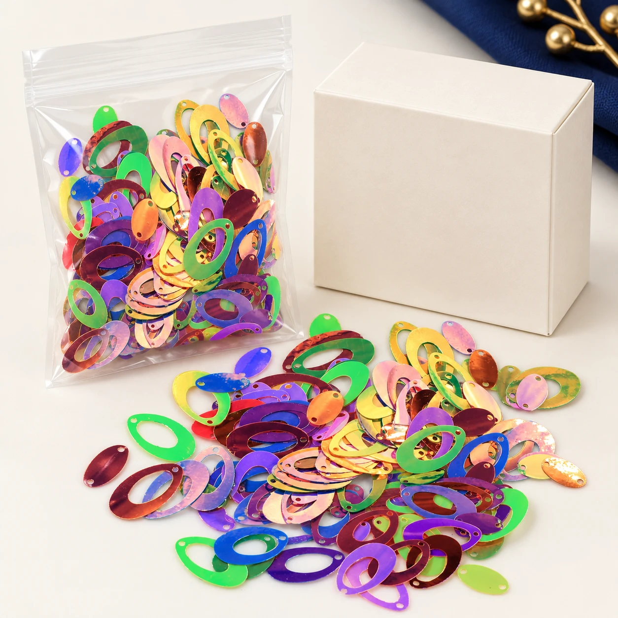 Metallic Hollow Oval Sequins MA052 with illustrative private-label packaging