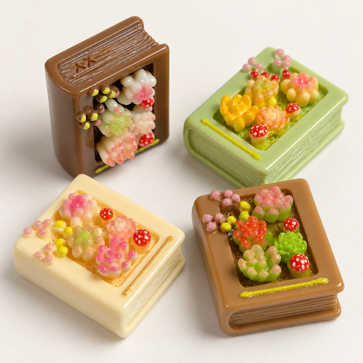 Mini Book and Succulent Resin Charms RW002201 / 26668 close-up showing the decorative shape and finish