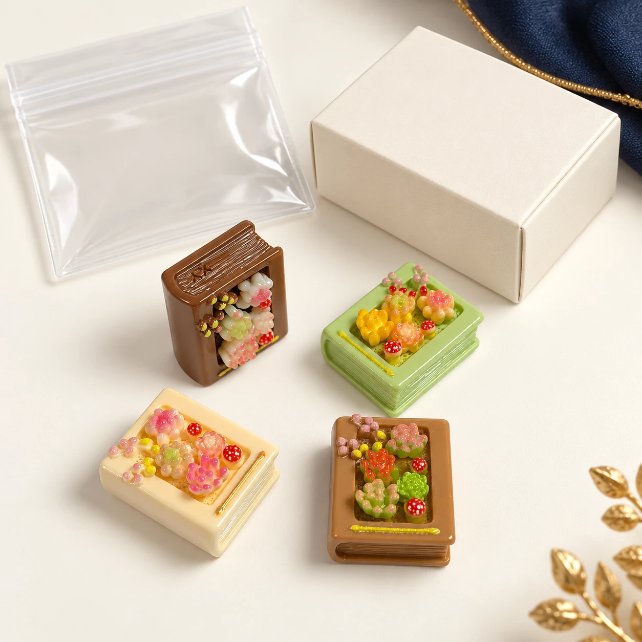 Mini Book and Succulent Resin Charms RW002201 / 26668 with illustrative private-label packaging