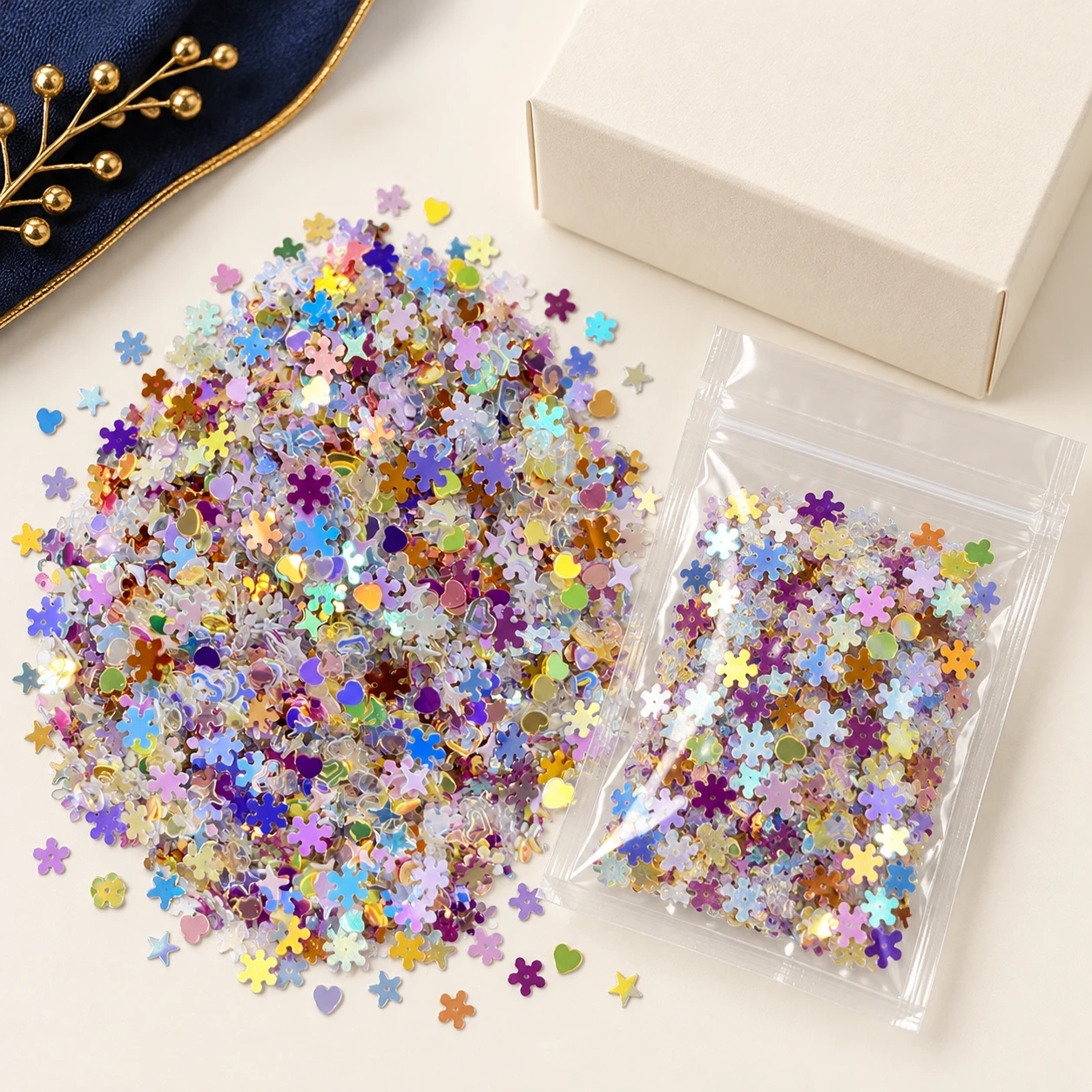 Mini Flower and Star Sequin Mix MA093 with illustrative private-label packaging