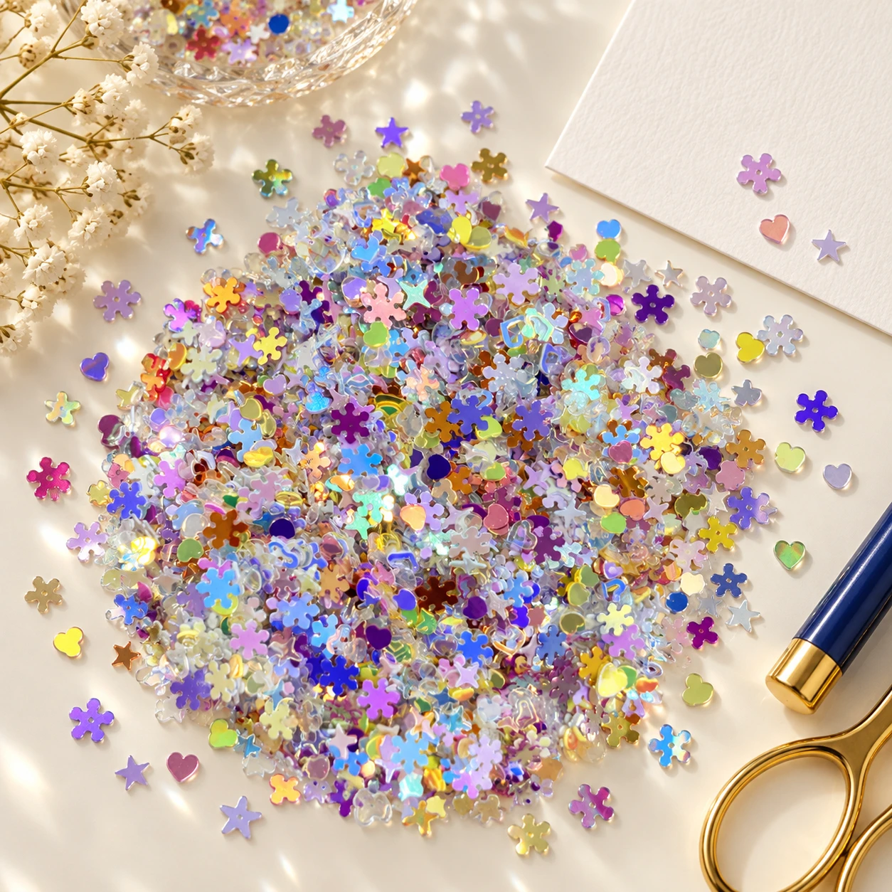 Mini Flower and Star Sequin Mix MA093 in an illustrative craft workspace