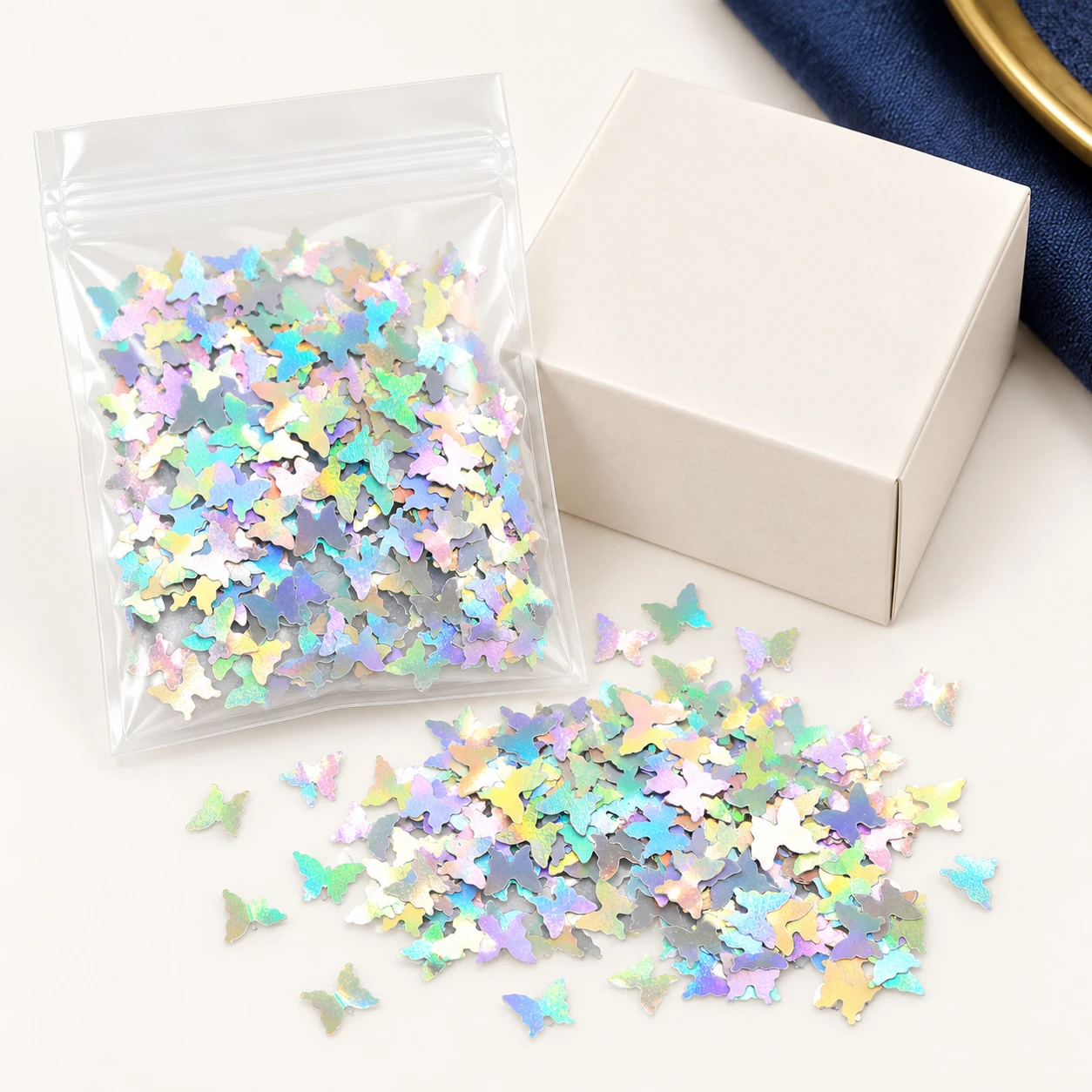 Mini Iridescent Butterfly Sequins MA067 with illustrative private-label packaging